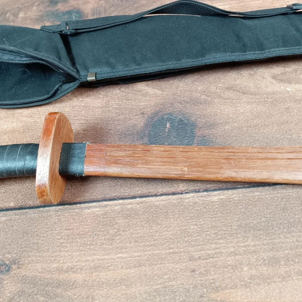 Wooden Martial Art Training Sword Curved Practice Blade with Carrying Case Brown